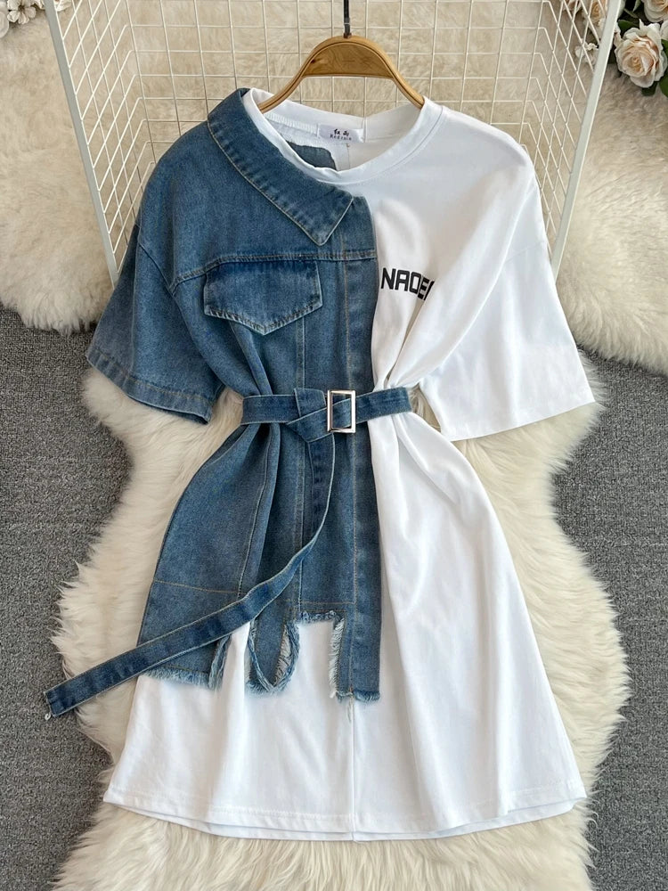 Retro Hong Kong Sle Chic Casual Mid-Length round Ne Patchwork Color Denim irt with Belt Spring New Women's Faion Top
