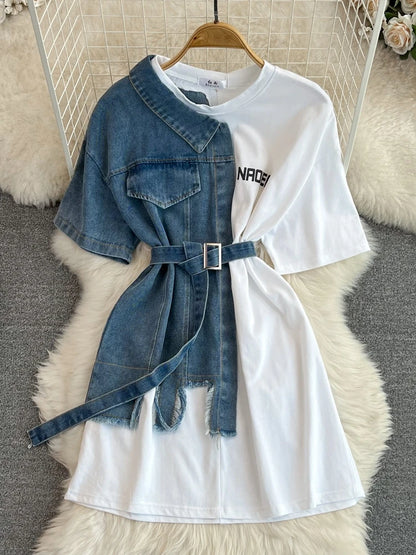Retro Hong Kong Sle Chic Casual Mid-Length round Ne Patchwork Color Denim irt with Belt Spring New Women's Faion Top