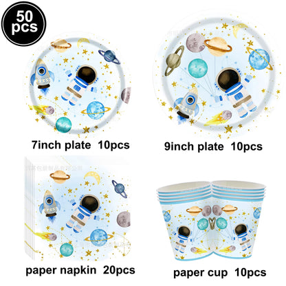 Blue Planet Astronaut Space Disposable Tableware Kids Birthday Table Decorations Paper Plate Cup Napkin Astronaut Rocket Balloon
