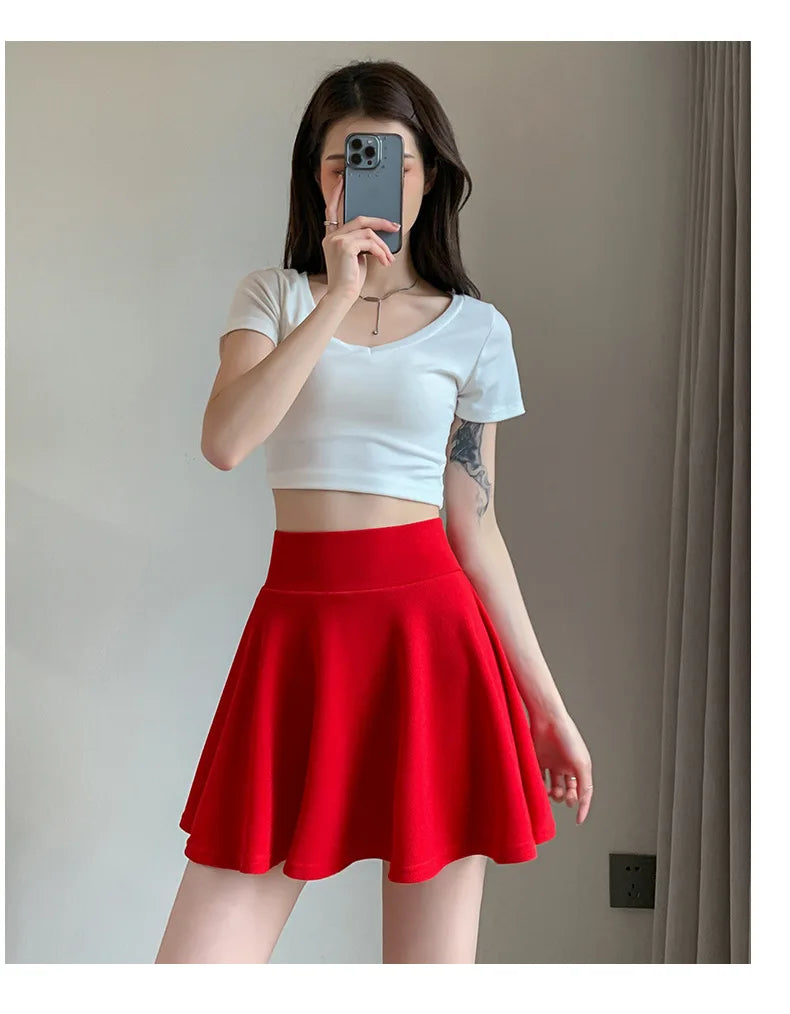 Summer Basic Skirts Women Shorts Mini Elastic Pleated Skirts High Waist Bubble Sun Skirts School Girl Uniform Lined Safety Pants
