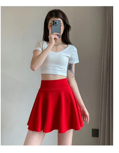 Summer Basic Skirts Women Shorts Mini Elastic Pleated Skirts High Waist Bubble Sun Skirts School Girl Uniform Lined Safety Pants