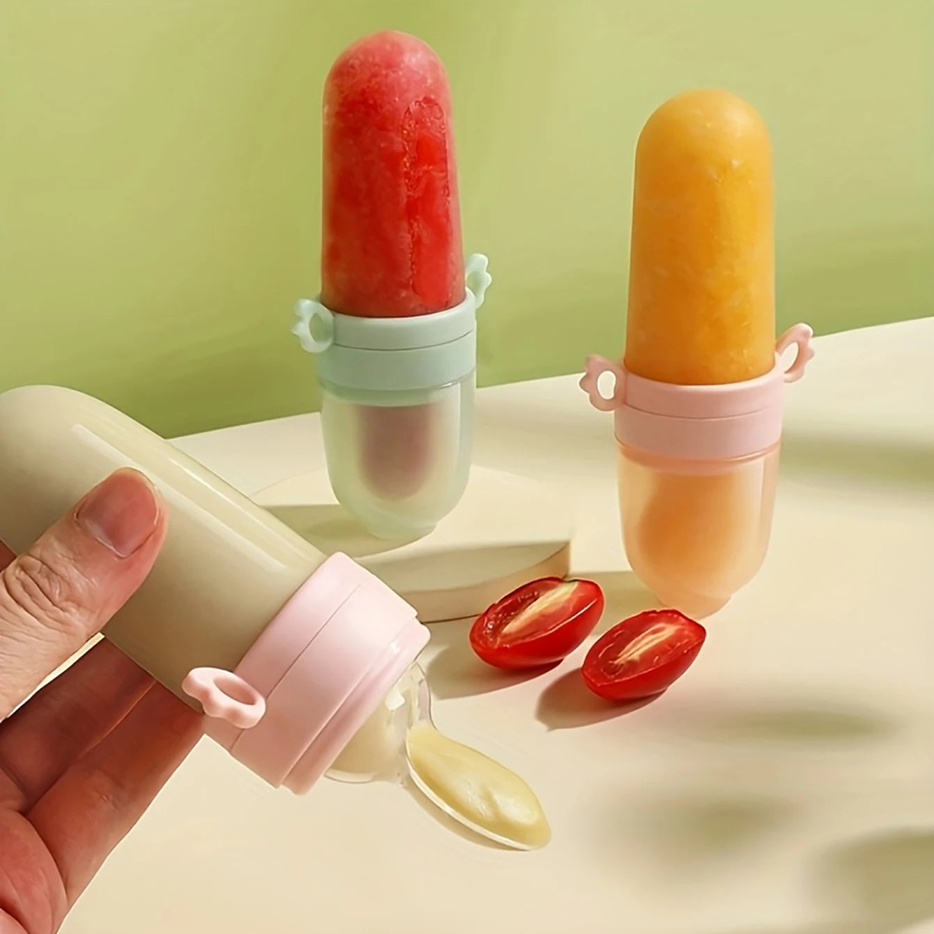 4pcs Baby Feeding Set: 1pc Silicone Spoon Feeder Bottle with Handle, 3-Size Mesh Bags-S, M, L. Baby Bottle, Feeding Bottle Set