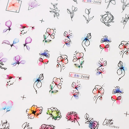 12Spring and Summer Water Transfer Ink Floral Nail Sticker Set Contains Blooming Flowers and Green Leaves Graffiti Slider Nail