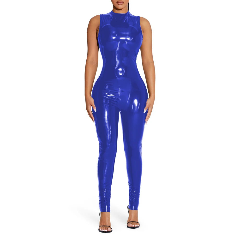 PVC Sleeveless Jumpsuit for Ladies, Wet Look, Shiny Patent Leather, O-Neck Bodycon, Tank Catsuit, Stretch Slim Rompers, Sexy