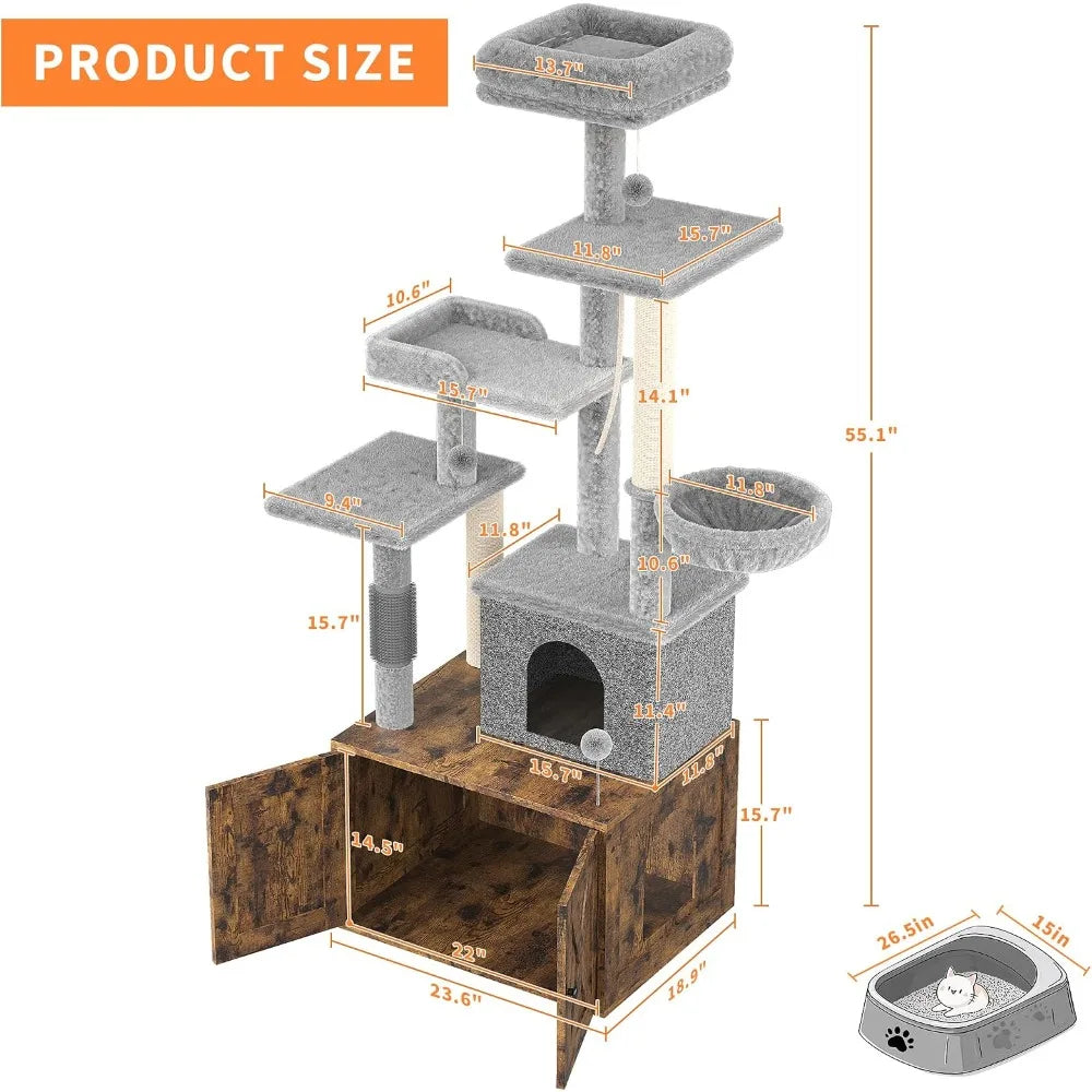 Garvee 2-in-1 Wooden Cat Tree with Hidden Litter Box Enclosure, Multi-Level Cat Tower with Scratching Posts, Cat Condo, Platforms & Hammock, Indoor Cat Washroom Furniture, Brown