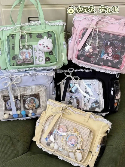 Japanese Sweet Women Ribbon Ita Bag Cute Lolita Girl Transparent Handbags Fashion Large Capacity Tote Bag Aesthetic Shoulder Bag