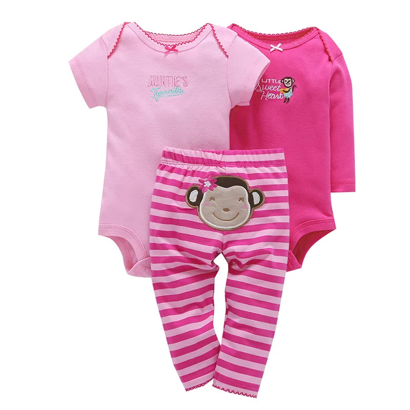 Lovely Baby Boy bodysuits 3Pcs/sets Long Sleeved Clothes PP Pant Cotton Infant Sporty Girl Short Sleeved Bodysuits