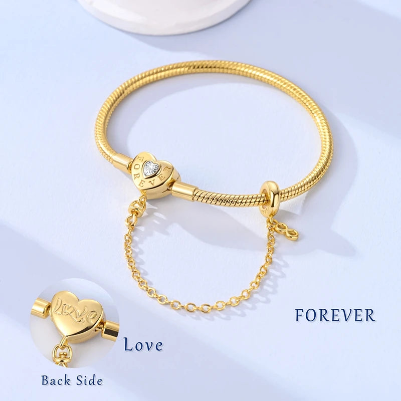 Original Bracelet 925 Sterling Silver Charm Bracelet 17-20CM Golden Heart Love Key Clover Bracelet Bangle Women Jewelry Gift