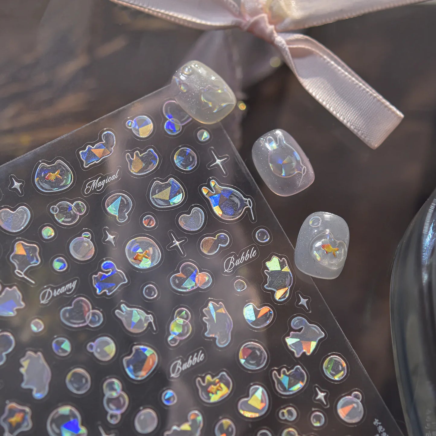 Shiny Blowing Bubble Nail Decorations Stickers 5D Shell Light Love Cat Bubble Transfer Slider Sticker DIY Summer Manicure Decals