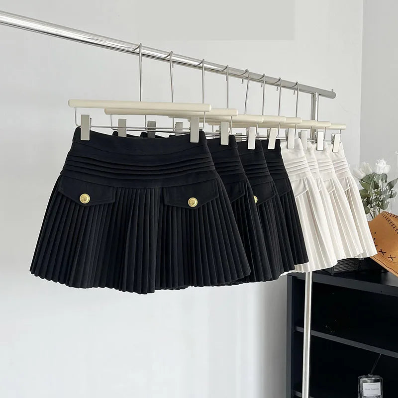New Fashion Korean Elegant Pleated Mini Skirts Women Vintage Buttons Woolen Solid A-line High Waist Short Skirt Autumn Spring 