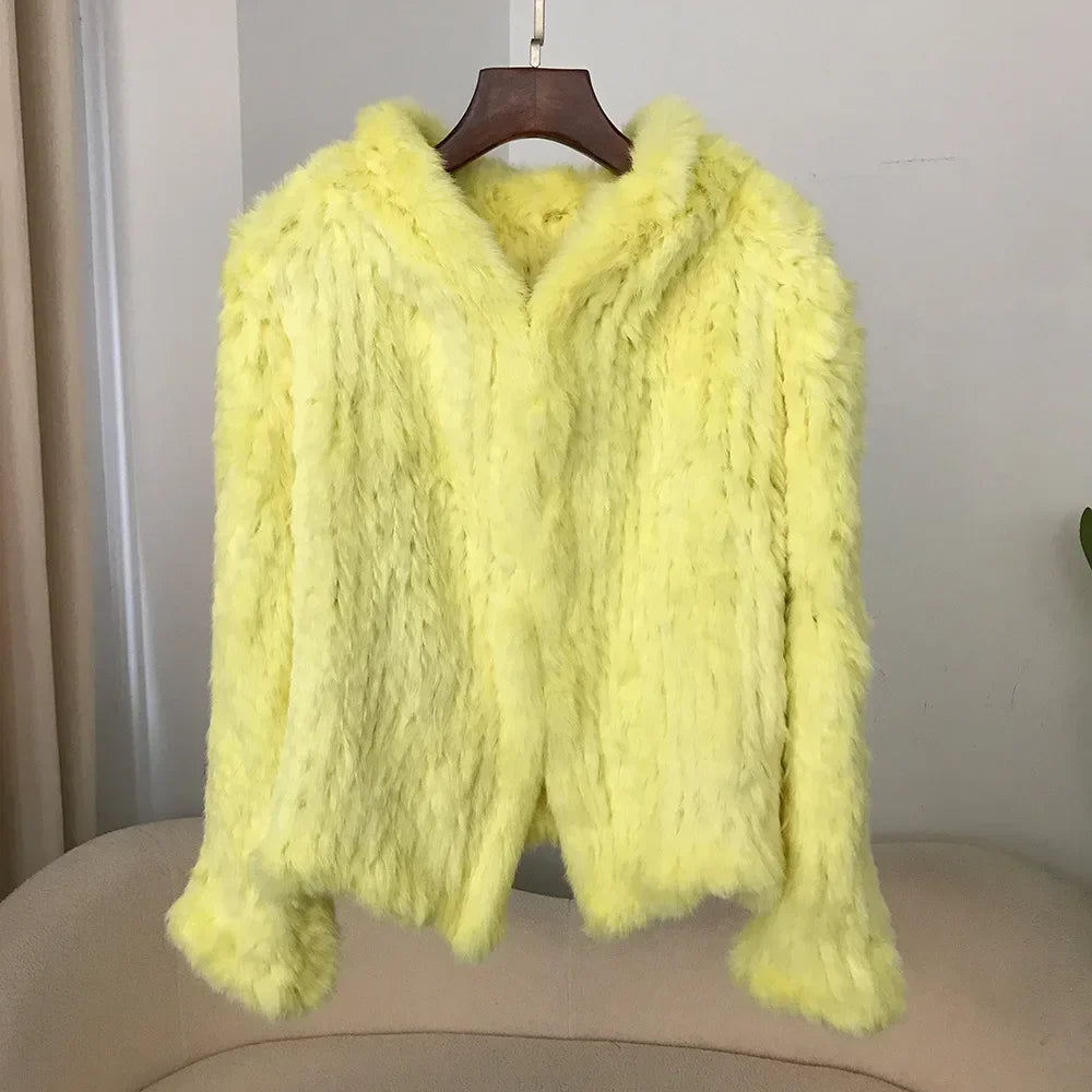 2024 Short Rabbit Fur Coat for Women Autumn Winter New Encrypted Thickened Handmade Double-sided Woven Hooded Korean Style