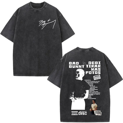 Rapper Bad Bunny Album Cover Print T-shirt Debi Tirar Mas Fotos DTMF Washed Vintage T Shirt Men Women Hip Hop Oversized T-shirts