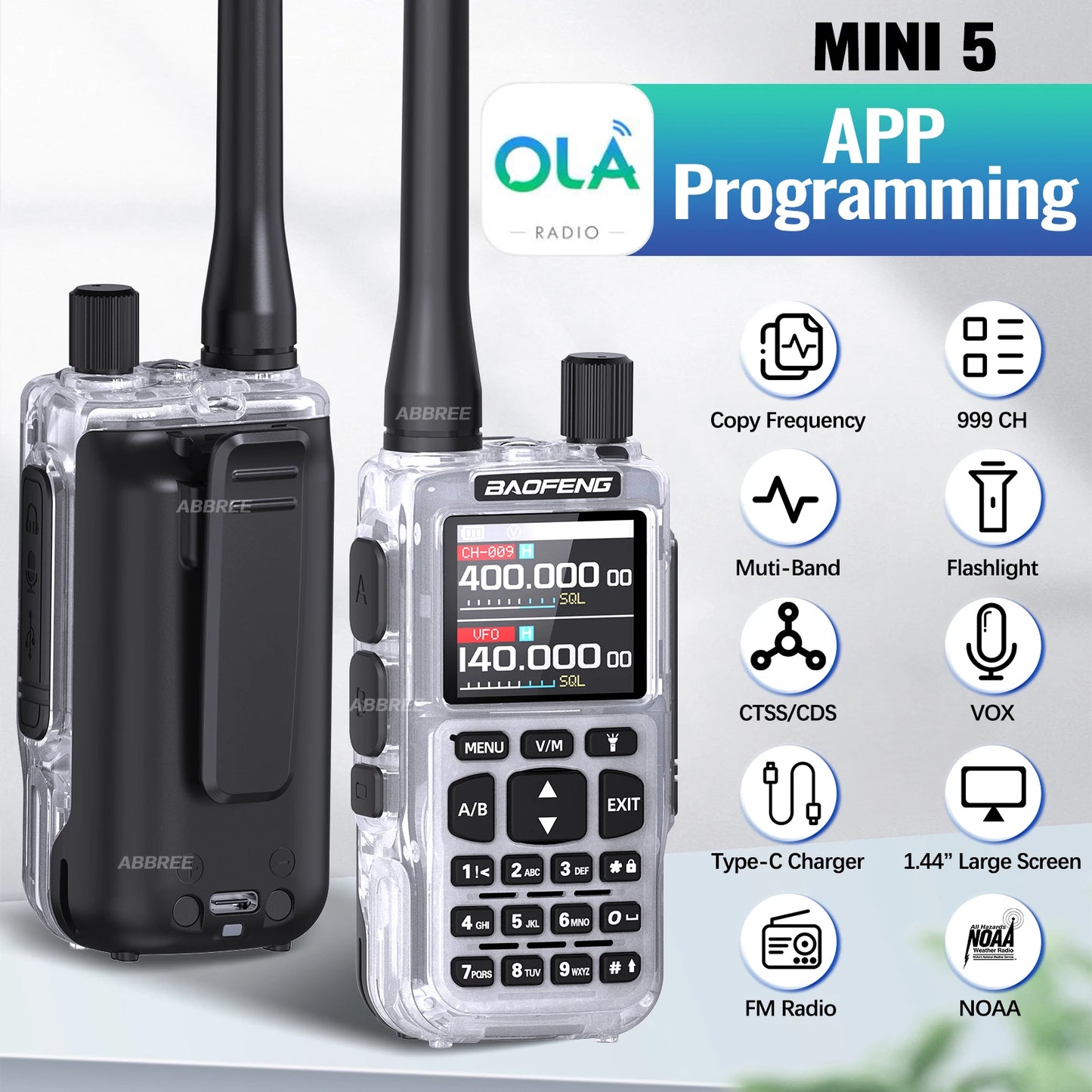 BAOFENG MINI 5 Walkie Talkie 2200mAh Battery APP Bluetooth Programming Long Range Dual PTT Newly Upgraded UV-5R MINI Ham Radio