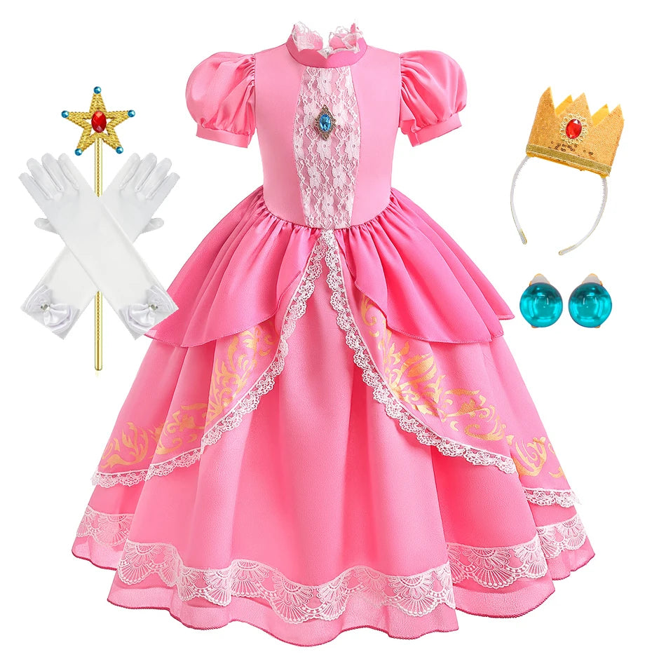 Peach Princess Costume with LED Color Light Toddler Birthday Game Role Play Dress Girl Halloween Festival Gown Pink Lace 4-8 Y