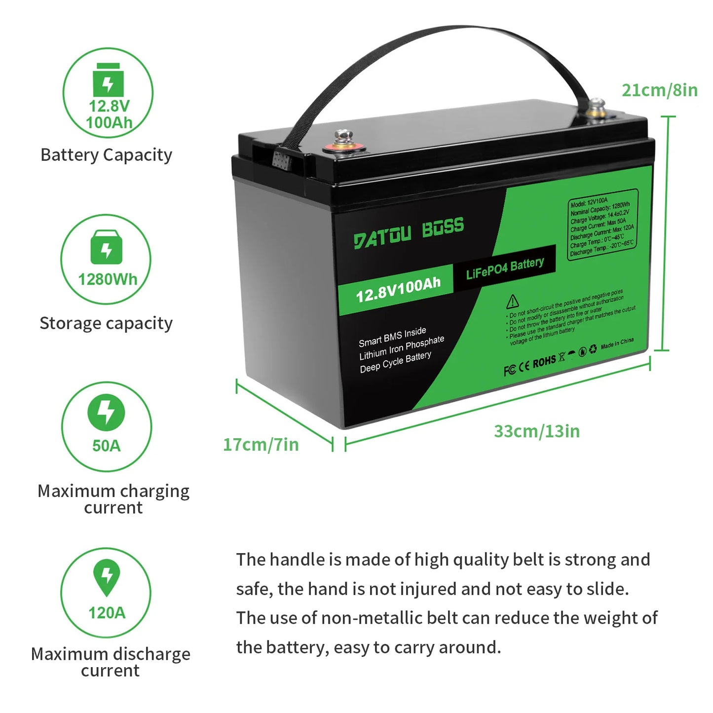 DATOUBOSS 12V100Ah Deep Cycle Lithium Iron Phosphate Battery Built-in Intelligent BMS For RV Golf Cart Boat Solar System NO TAX