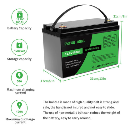 DATOUBOSS 12V100Ah Deep Cycle Lithium Iron Phosphate Battery Built-in Intelligent BMS For RV Golf Cart Boat Solar System NO TAX