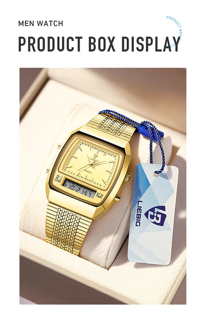 New Fashion Casual Watch Men Digital Dual Time Week Gold Sport 3bar Waterproof Quartz Wristwatches Clock relogio masculino L1030
