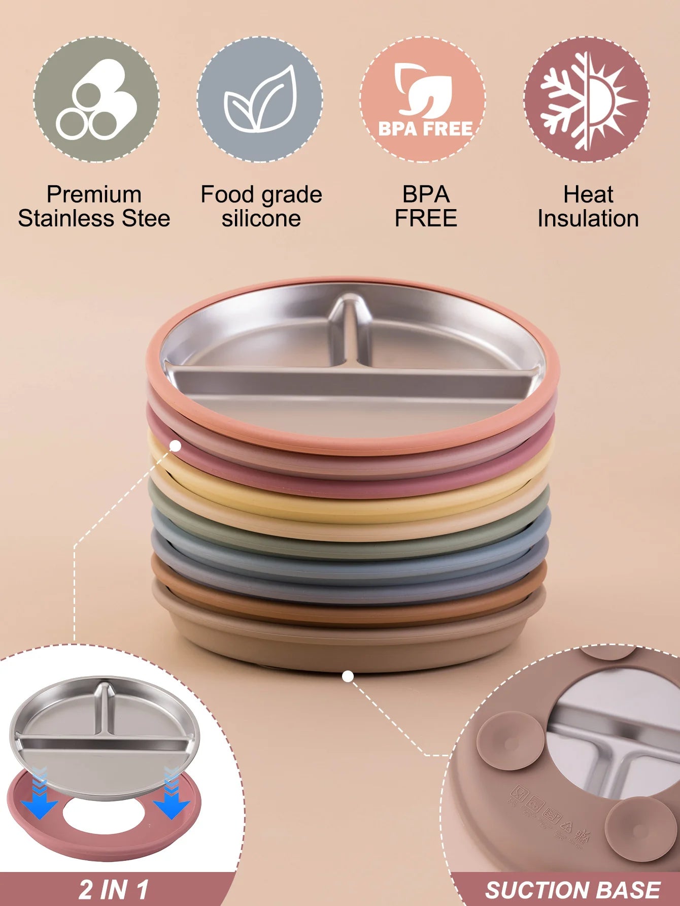 1PCS Stainless Steel Dishes Plate Detachable Suction Bowl For Baby Feeding BPA Free Silicone Base Tableware Newborn Essentials