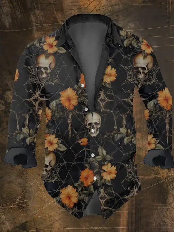 Halloween Men's Dark Skull Prints Casual Long Sleeve Shirt-Vintage Skull Floral Print,Regular Fit,Lapel Collar, Polyester Blend