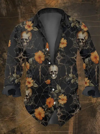 Halloween Men's Dark Skull Prints Casual Long Sleeve Shirt-Vintage Skull Floral Print,Regular Fit,Lapel Collar, Polyester Blend