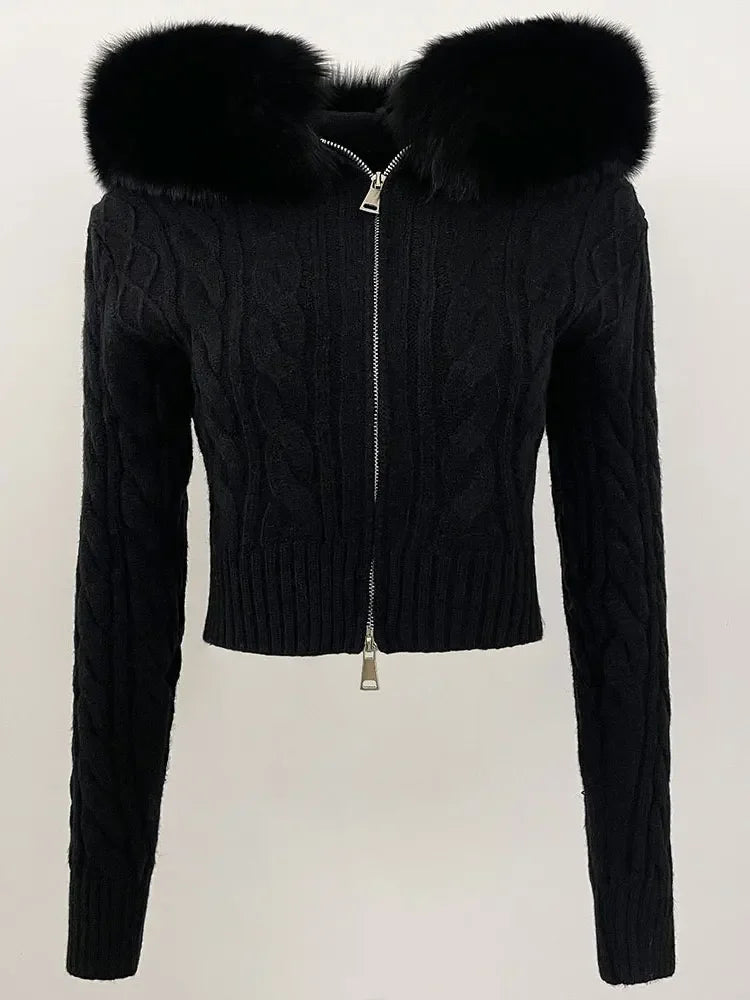 Fashion Natural Fox Fur Collar with Knitted Sweater Women Casual Sweater 2025 New Spring Autumn Slim Fit Elastic Oversized Coat