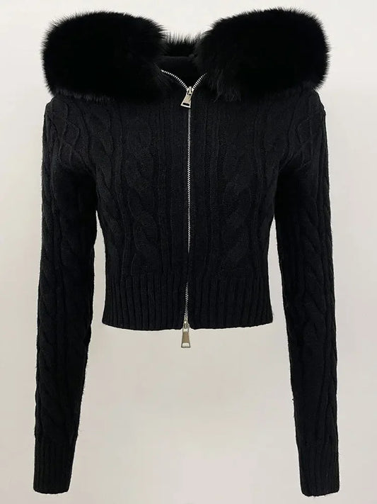 Fashion Natural Fox Fur Collar with Knitted Sweater Women Casual Sweater 2025 New Spring Autumn Slim Fit Elastic Oversized Coat
