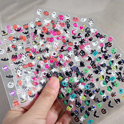 1sheet 5D Halloween Nail Stickers Pink/Green/Black Cartoon Pattern Nail Art Slider DIY For Sweet Cool Girl Cute Nail Decoration