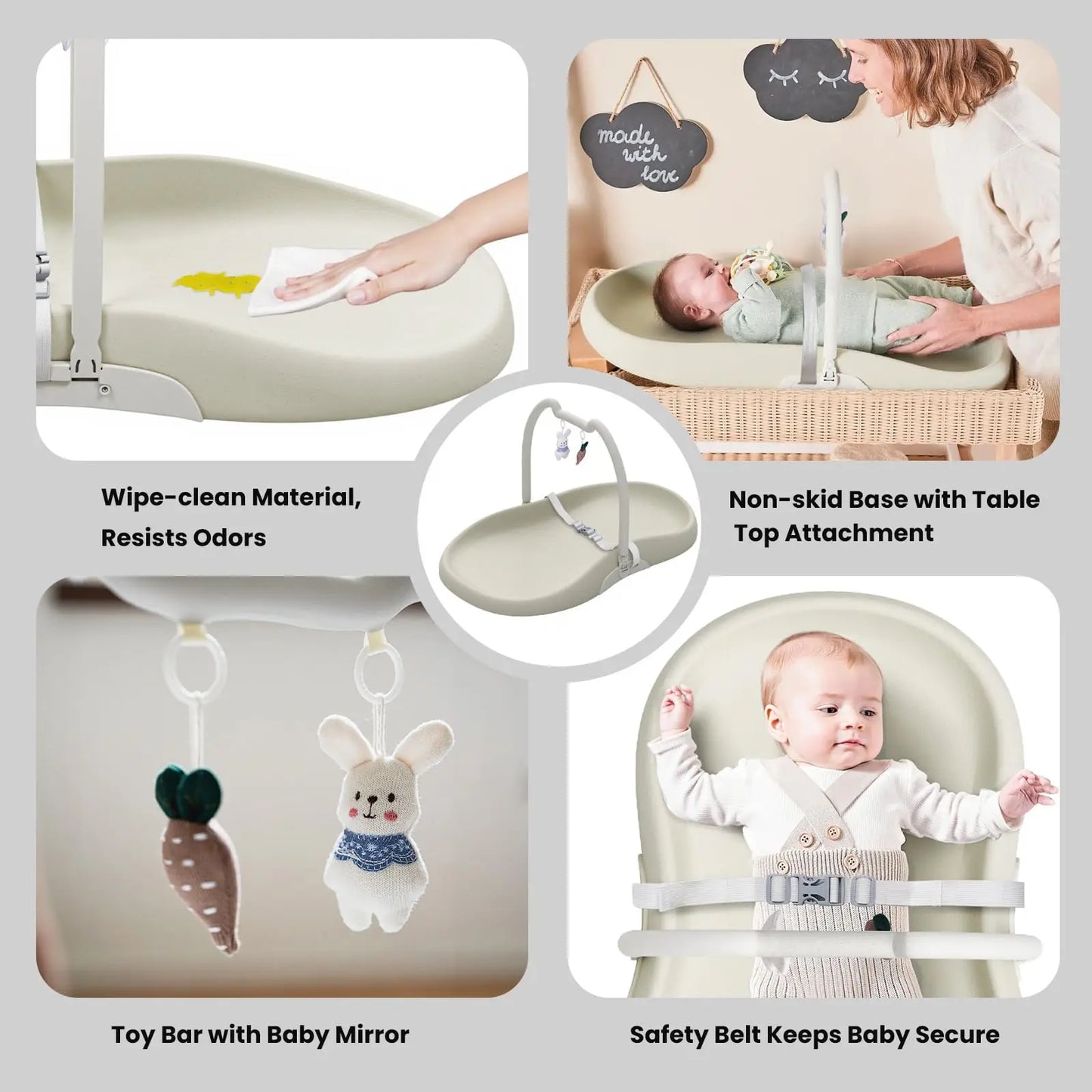 Wipe Clean Baby Changing Mat, Waterproof Non-slip Diaper Changing Pad with Detachable Safety Seat Belt, Sturdy Durable Changing Mat for Dresser, Bed, Home Indoor Newborn Infant Diaper Changing Use