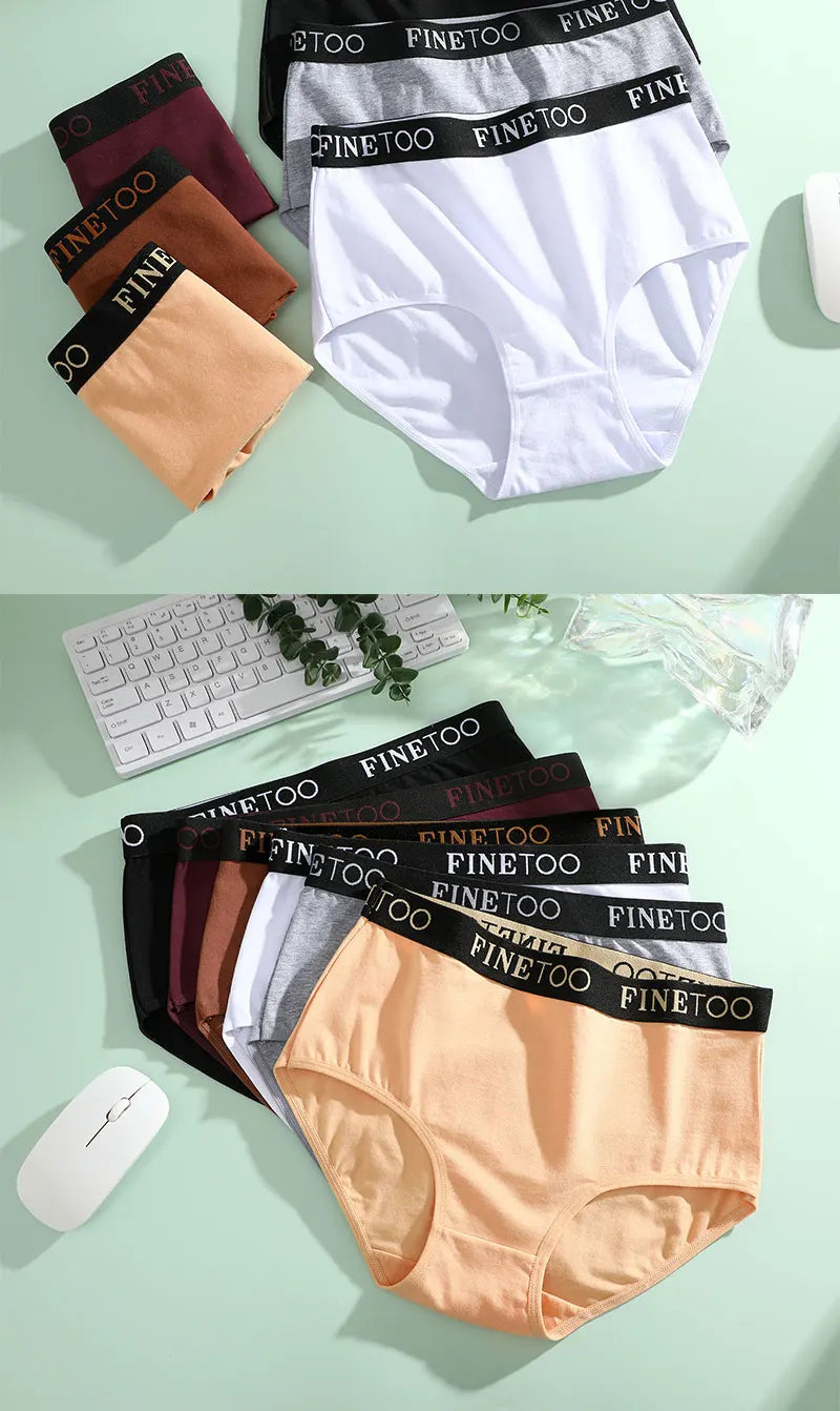 FINETOO 5Pcs Cotton Women Panties High Waist Breathable Soft Ladies Underwear Elastic Waistband Briefs S-XXL Comfortable Briefs