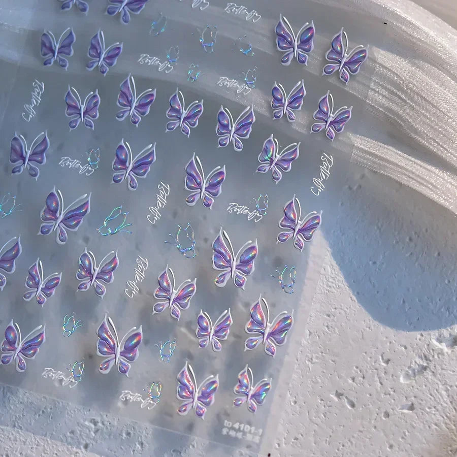 Shiny Jelly Butterfly Charming Golden Gradient Bowknot 5D Self Adhesive Nail Art Sticker Flower Petal Rhinestone Manicure Decals