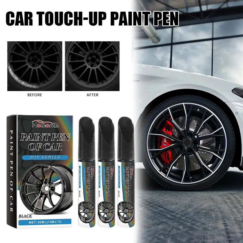 3pcs Black Alloy Wheel Scratch Repair Pen Set Professional Car Rim Scuff Remover DIY Touch-Up Paint Kit for Gloss Black Wheels