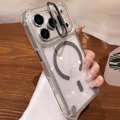 Luxury Transparent Airbag Case For iPhone 17 16 15 14 12 13 Pro Max Plus Air for Magsafe Transparent Camera Stand Holder Cover