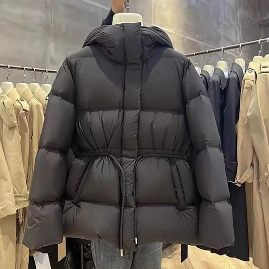 Fashion Cotton-Padded Jacket Women Autumn WinterNew Down Coat Female Parkas Hooded Drawstring Waist Thick Warm Overwear Lady Top