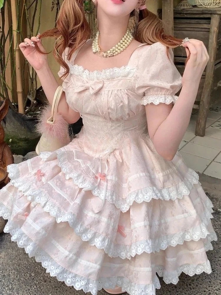 Kawaii Lovely Bow Lace Dress Women French Sweet Puff Sleeve Slim Cake Dresses Female Pretty Fairy Princess Dress Summer New