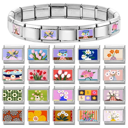 2025 Women's Fashion Colorful Flowers Oil Painting Style Series Italian Charms Fit 9mm Stainless Steel Bracelet DIY Jewelry Gift