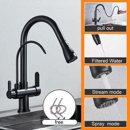 Matte Black Pure Water Kitchen Faucet Dual Handle Hot and Cold Drinking Water Pull Out  Kitchen Mixer Taps