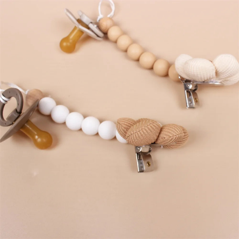 Cartoon Bunny Pacifier Chain Clip Wood Crochet Bear Teething Chain Baby Teether Soother Holder Newborn Chew Toys Pacifier Clips