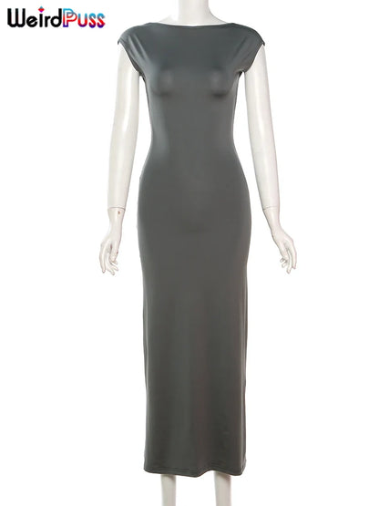 Weird Puss Backless Sexy Women Maxi Dress Short Sleeve Slim Fit Elastic Casual Solid Streetwear Club Party Ladies Summer Bodycon