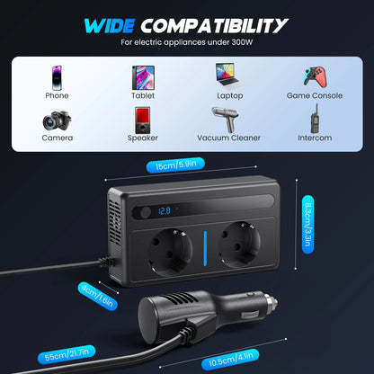 300W Vehicle Inverter, Converting 12V DC to 220V AC, Featuring Two Power Sockets and 2 USB Ports, 2 Type-C PD Ports