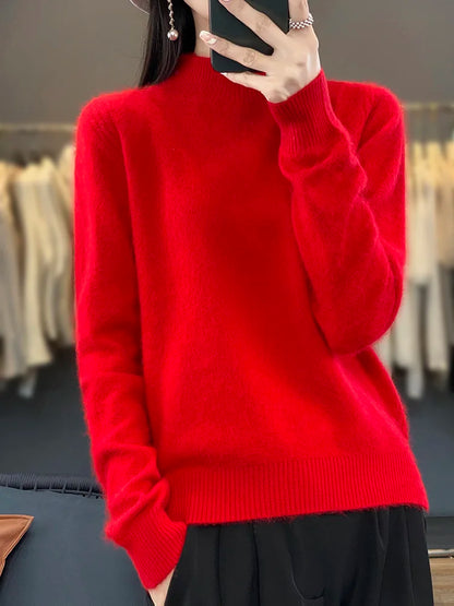 100% Mink Cashmere Sweater Women's Half High Collar Pullover Long Sleeve Cashmere Knitwear Fashion Autumn Winter Female Clothing