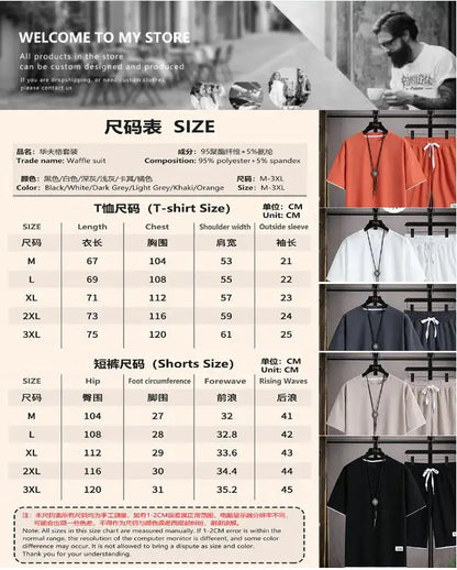 2024 Men's Summer Waffle Set Brand Fashion Casual T-shirt+Shorts Set Men's Sports Set Loose ComfortableSlo Two-piece Set