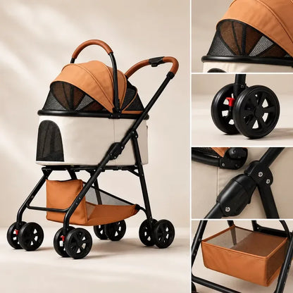 Foldable Pet Stroller Detachable Cabin Large Lower Basket Breathable Mesh Canopy For Cats Small Dogs Portable Travel Carrier