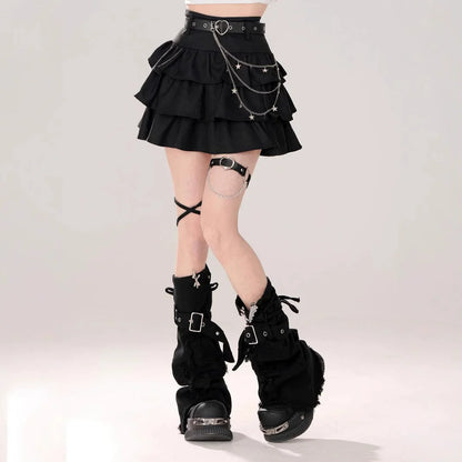 Belt Metal Chain Punk Mini Skirts for Women Summer High Waist Pleated Black Cake Skirt Woman Streetwear A Line Short Skirt Mujer