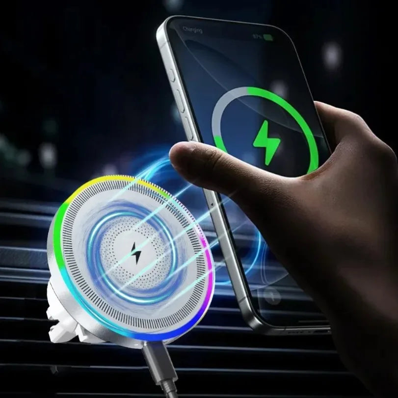 RGB Light Car Magnetic Phone Holder Air Vent Stand Wireless Charger For Magsafe iPhone 16 15 14 13 12 Pro Max Fast Charging Dock