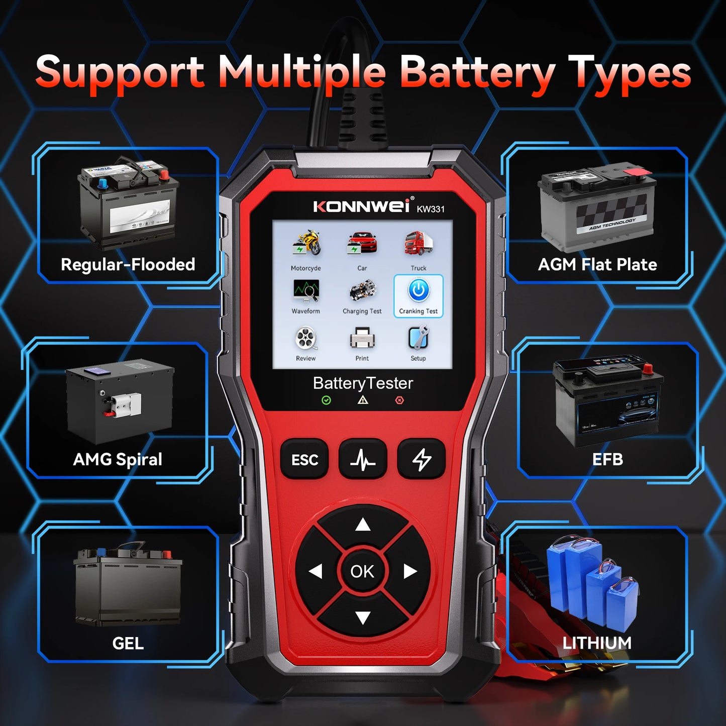 2025 KONNWEi Car Battery Tester Fault Code Clearance Battery Information Monitoring Startup Test Car Battery Charging Scan Tool