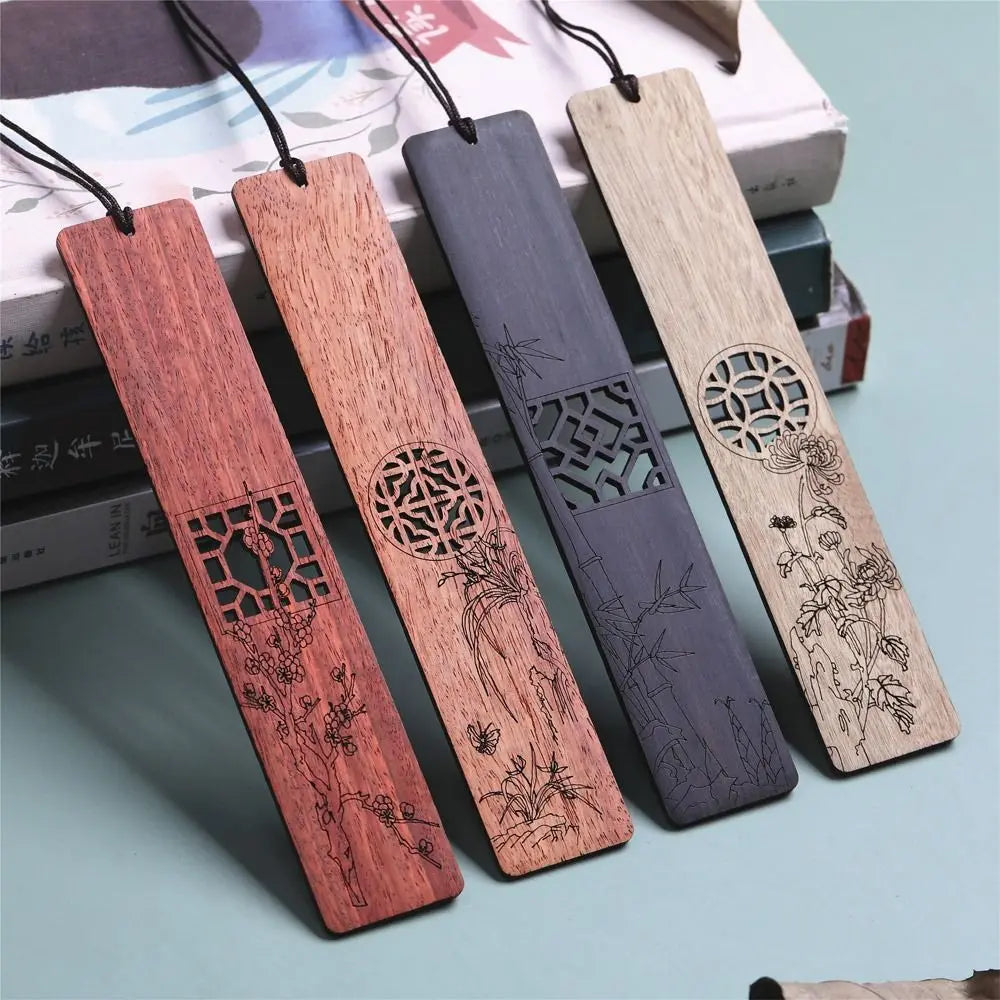 Chinese style wooden mahogany bookmark hollow window blossom plum orchid bamboo chrysanthemum lettering carving company Wen Chua
