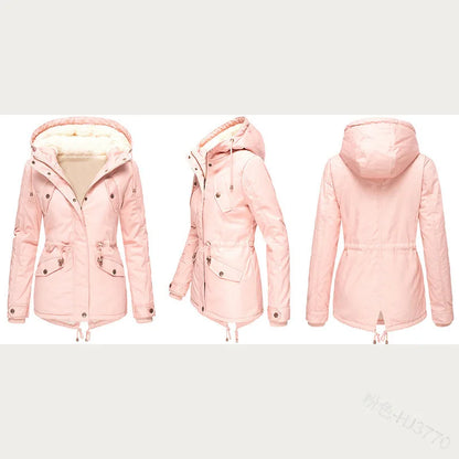Women's Winter Jacket Warm Solid Plush Thickened Long Winter Coat Outdoor Hiking Hooded Casual Windproof Parka Coat Overcoat