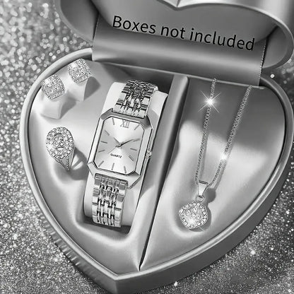 5PCS Womens Elegant Rectangle Rhinestone Quartz Watch Jewelry Set Fashion Women Watches Reloj Mujer Girl Clock Gift（Without Box）