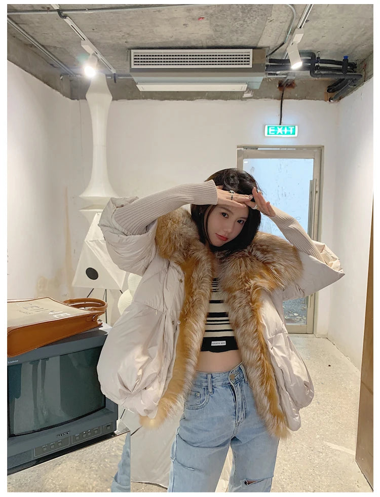 Oversized Winter Warm Real Fox Fur Collar Black Down Coat Women Puffer Outerwear Jackets 2024 Autumn Winter