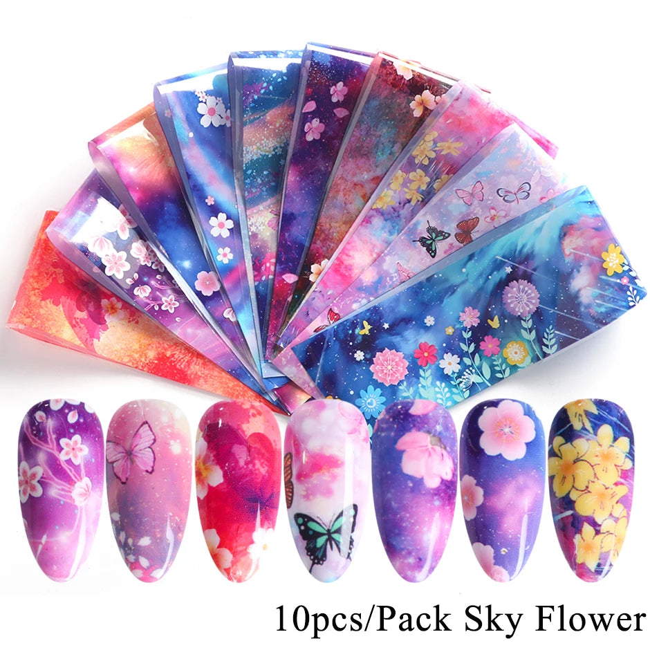 10PCS Mixed Nail Art Foils Transfer Sticker Set Rose Flower Designs Floral Starry Sky Nail Wraps Wedding Summer Manicure Decor